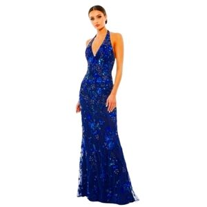 MAC DUGGAL Dress Size 12 Evening Gown Sequin Navy Blue Halter Neck NEW Floral
